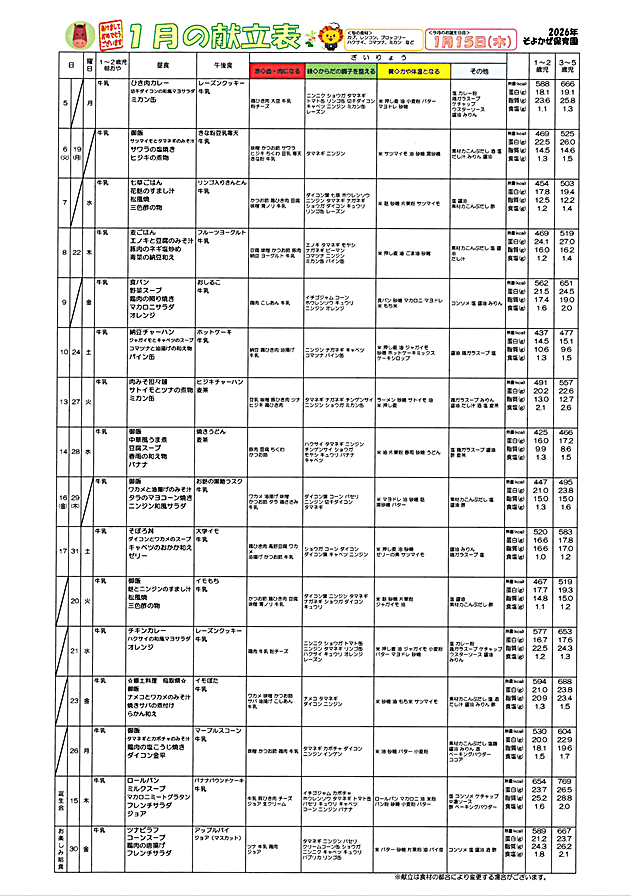献立表2026年1月